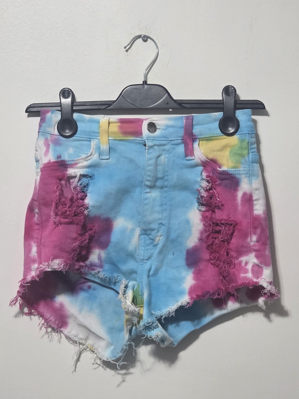 Vibrant Tie-Dye Distressed Jean Shorts - Blue, Pink & Yellow